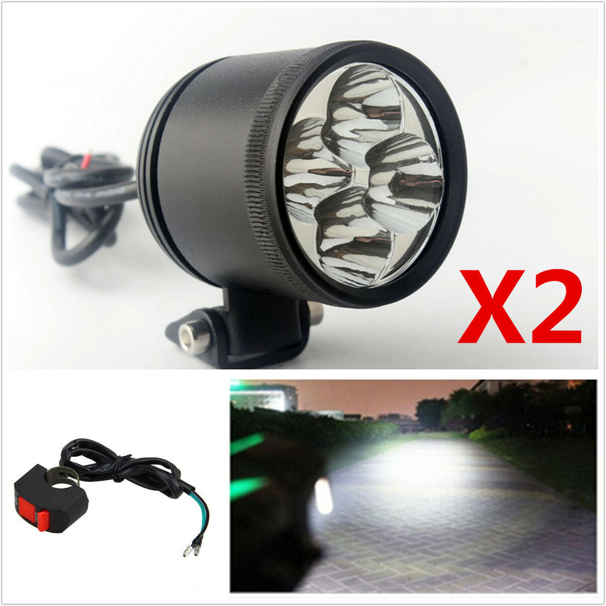 2X40W Motorcycle bike Work LED Spot Driving Fog Light Headlight Lamp New+Switch