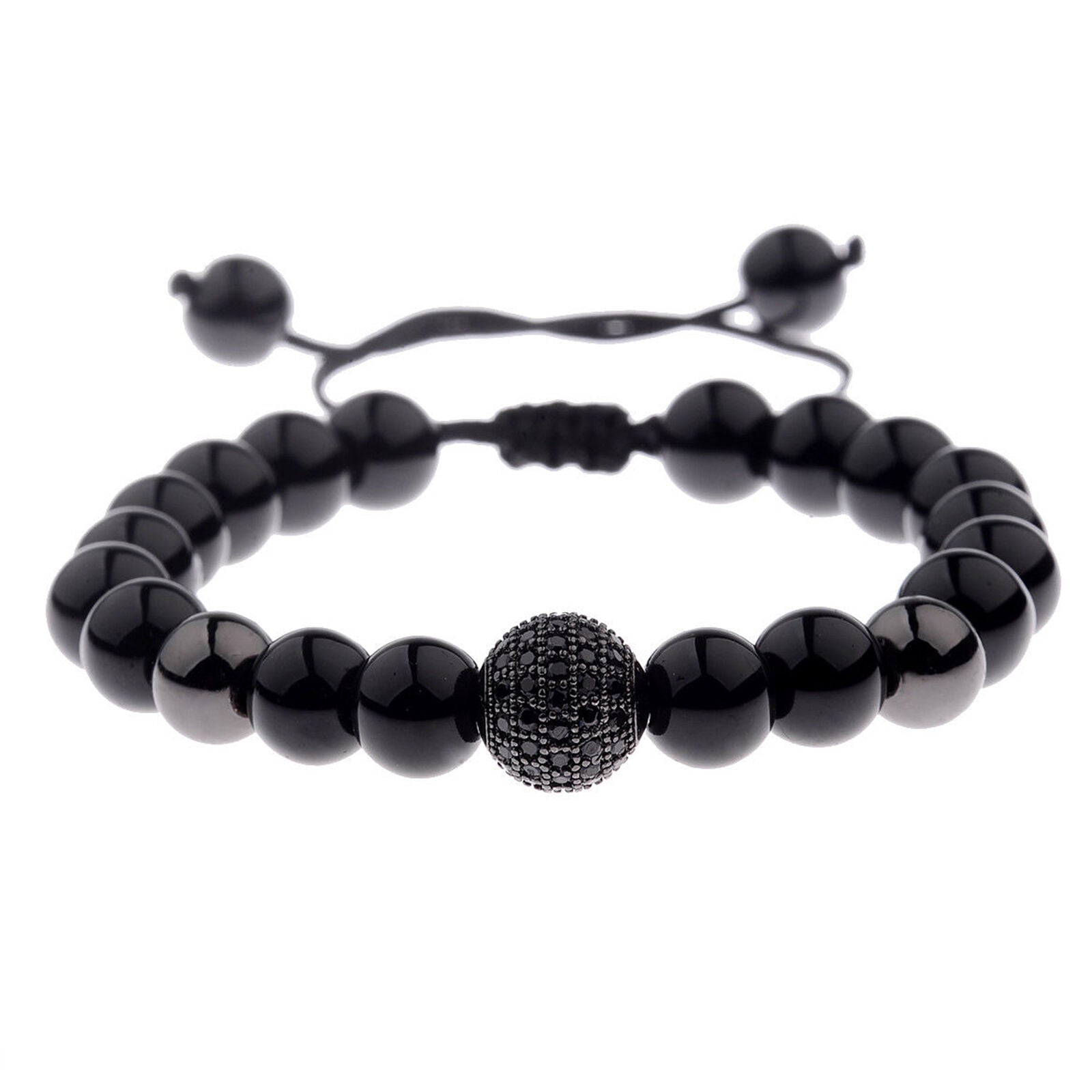 Charm Men's Zircon Micro Pave Black Natural Stones Round Beaded Bracelet