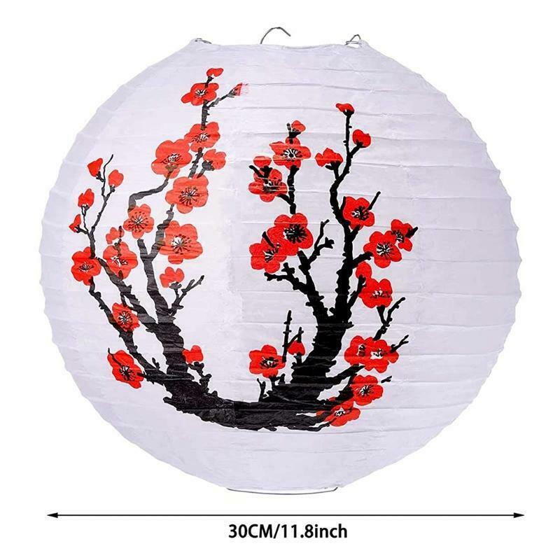 Red Cherry Flowers Paper Lantern White Round Chinese Japanese Paper Lamp for Hom
