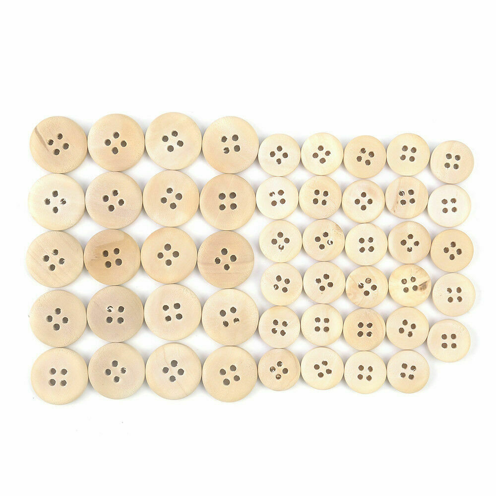 50 Pcs Mixed Wooden Buttons Natural Color Round 4-Holes Sewing Scrapbooking US