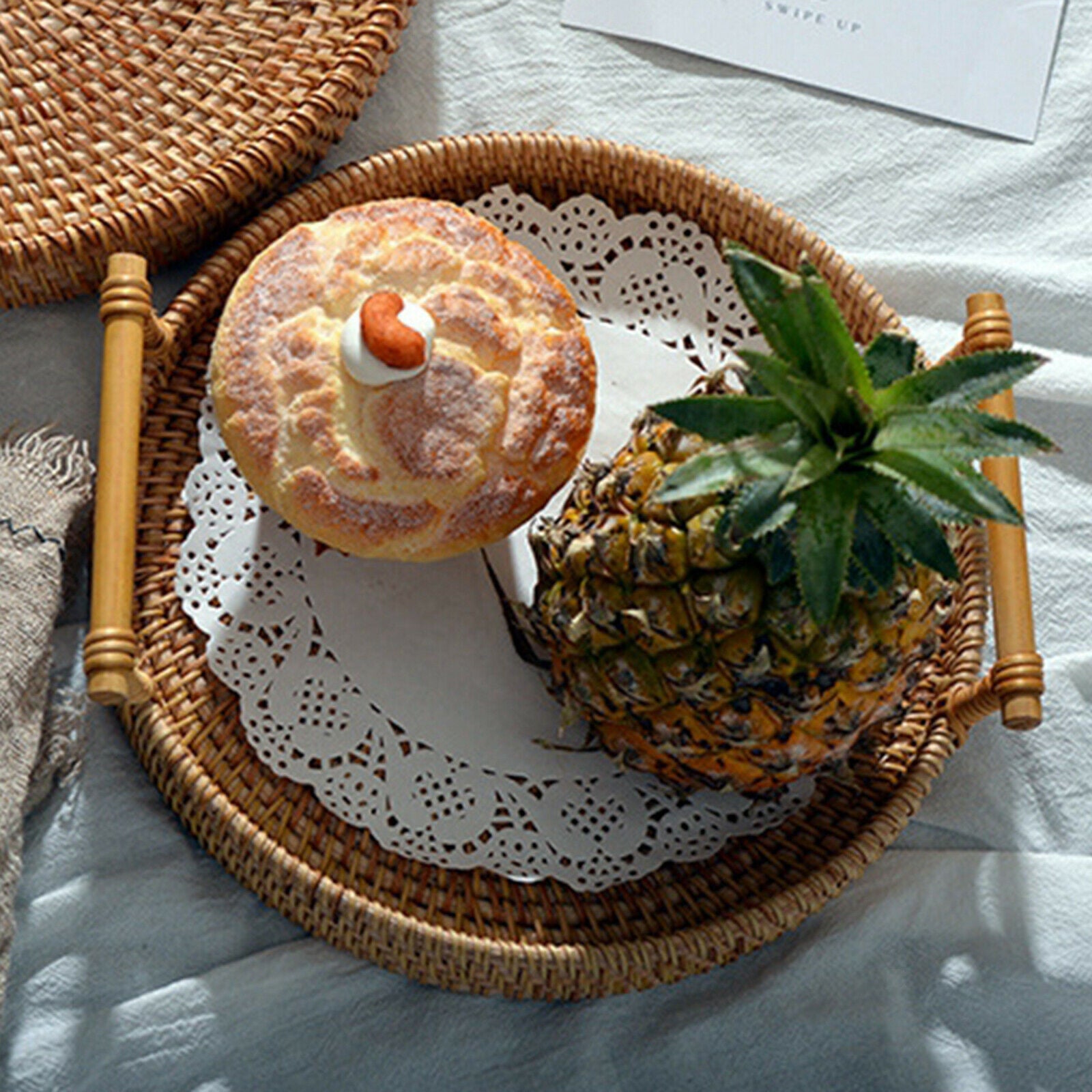 Handwoven Bread Basket Wicker Storage Tray Tea Drinks Snack Home Decor 24x3cm