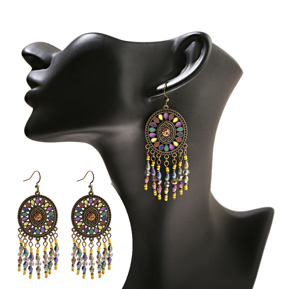7 Colors Round Crystal Circle Dangle Tassel Women Bohemia Jewelry Hook Earrings