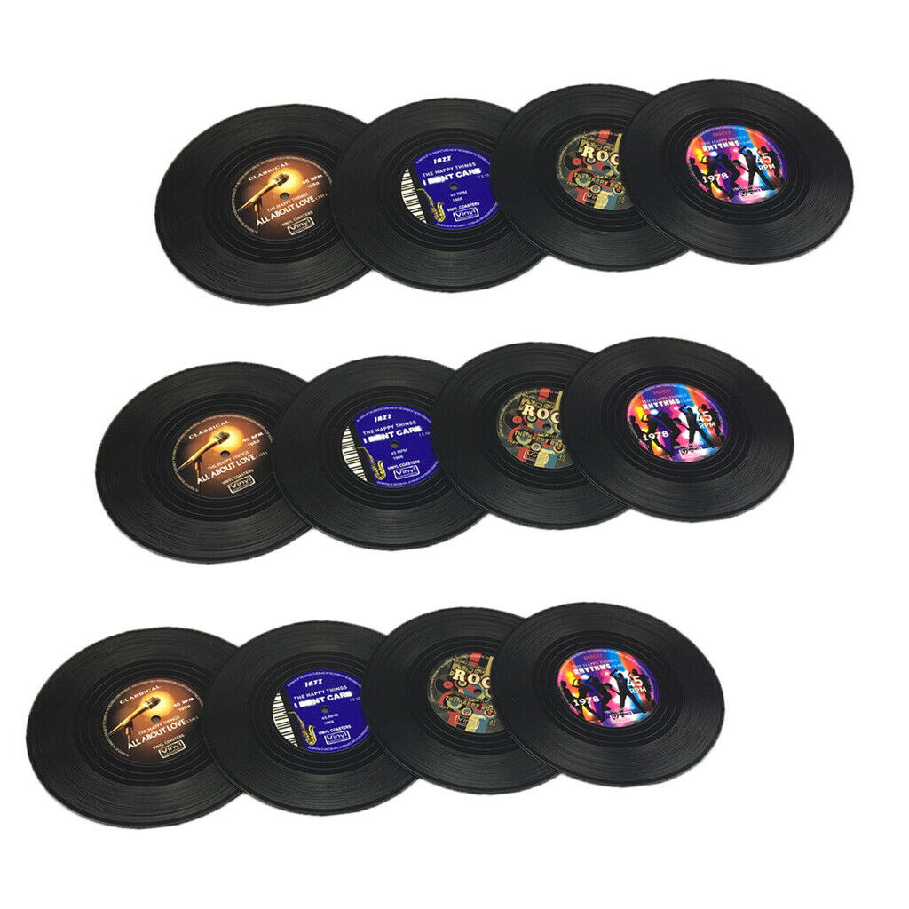 12 Pieces Drink Cup Mat Insulated Silicone Coaster Black Vinyl Record 10cm