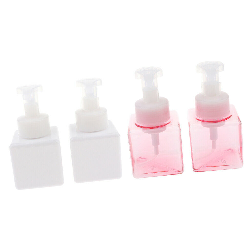 Pack of 4 250ml Square Foam Lotion Liquid Soap Pump Bottles White+Pink