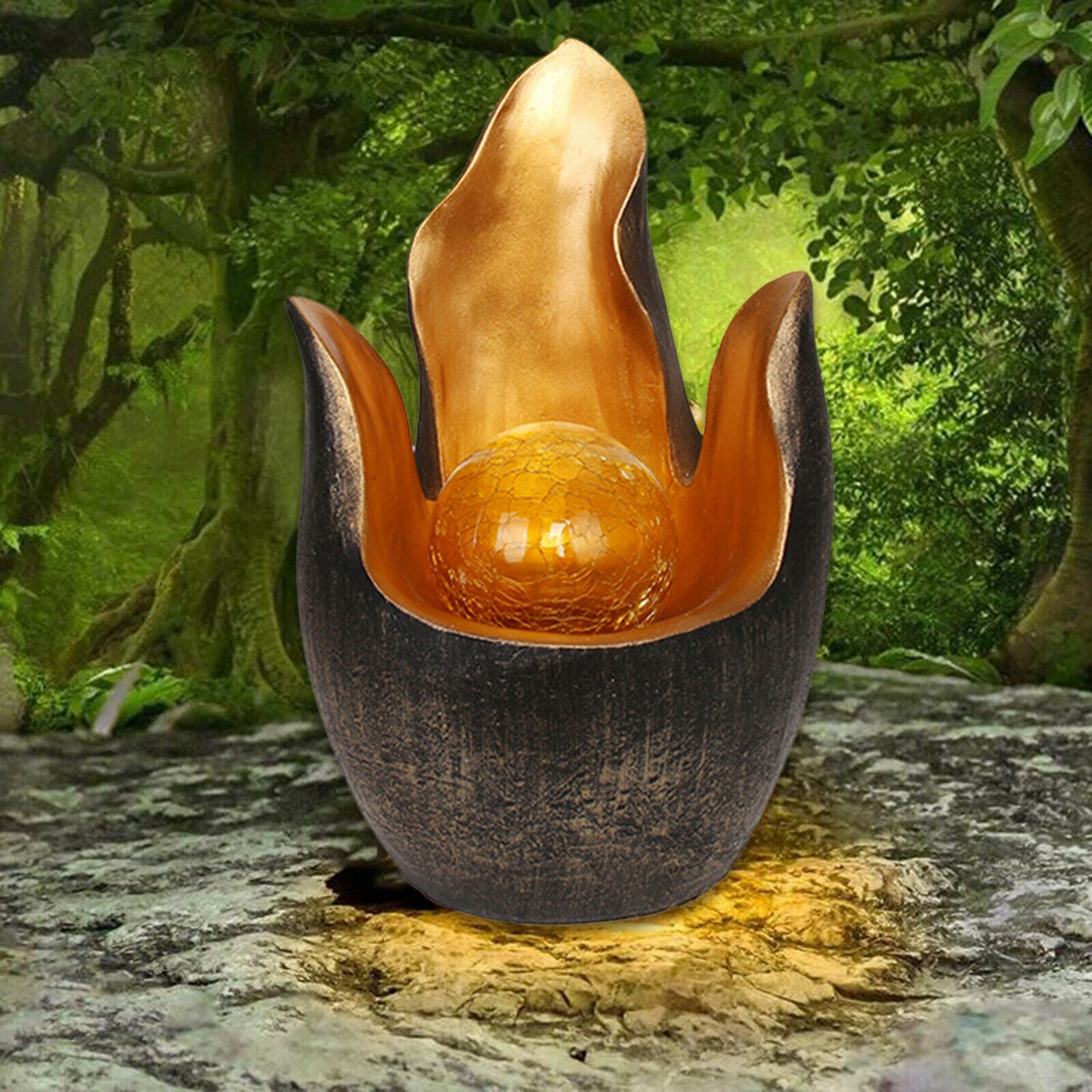 Garden Flower Solar Light Amber Crackle Globe Glass Outdoor