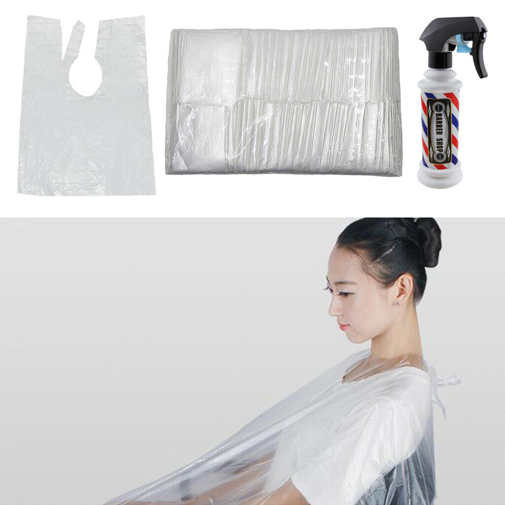 100pcs Disposable Hair Cutting Capes + Spray Bottle Gowns Barber Shop Apron
