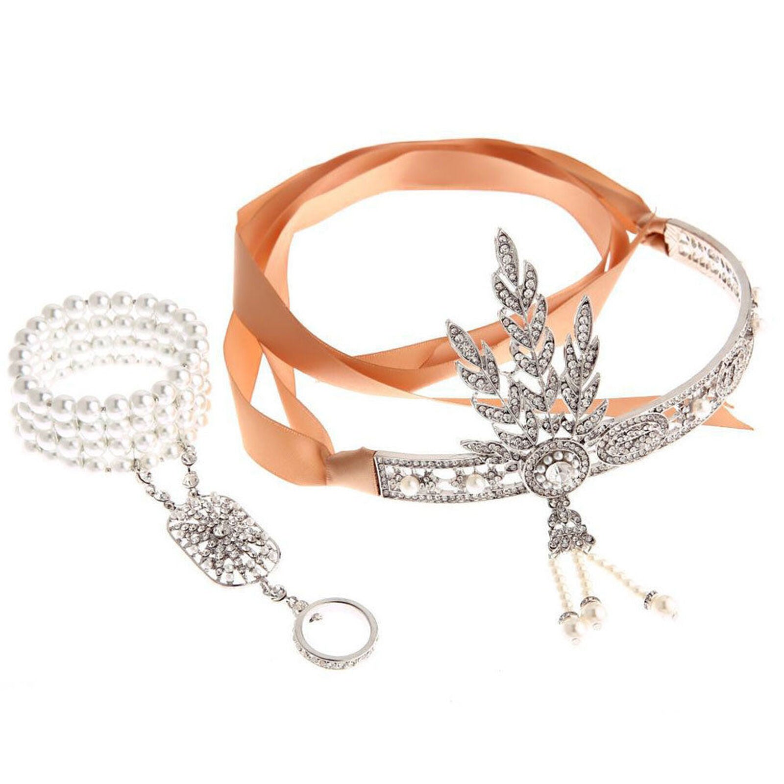 1920s Headband Bracelet Ring Set Gatsby 20s Flapper Headpiece Gangster Costume