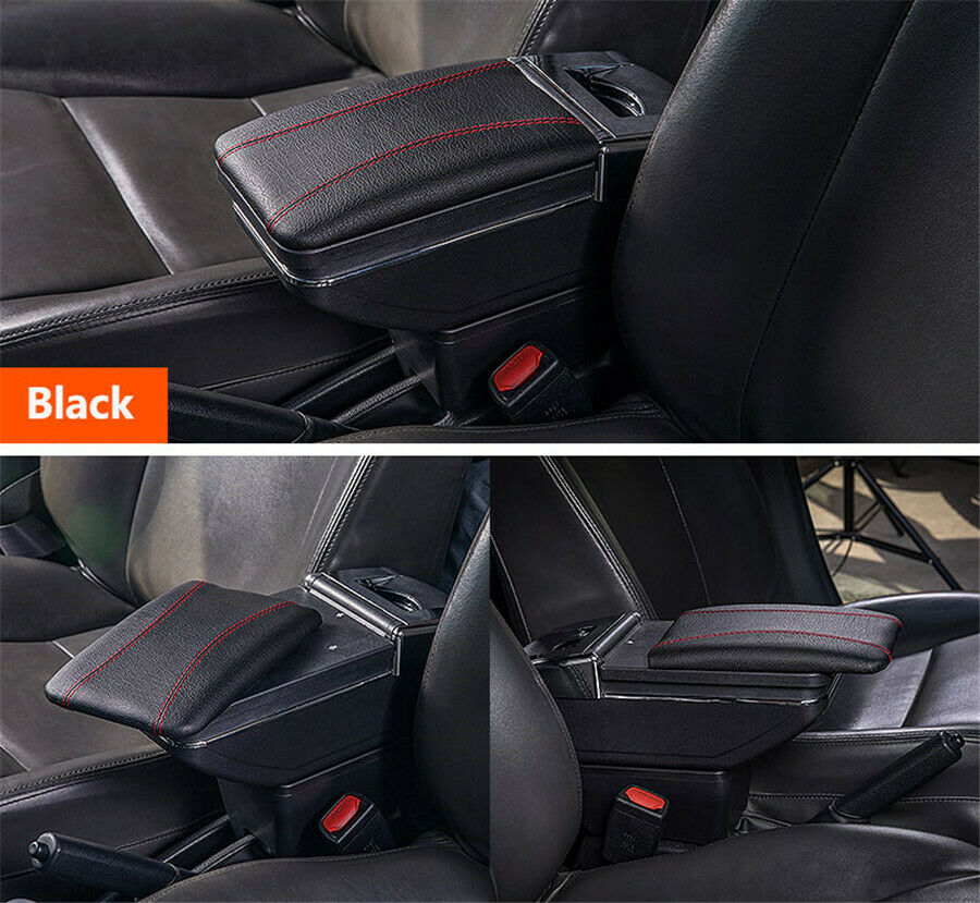 Black Red Line Armrest Box + PU Leather Mat Storage Organizer Case Car Universal