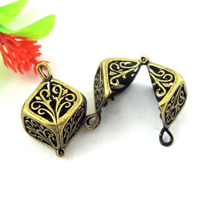 3 pcs Retro Bronze Hollow Floral Cube Charm Brass Locket Pendant DIY 25*13*13mm