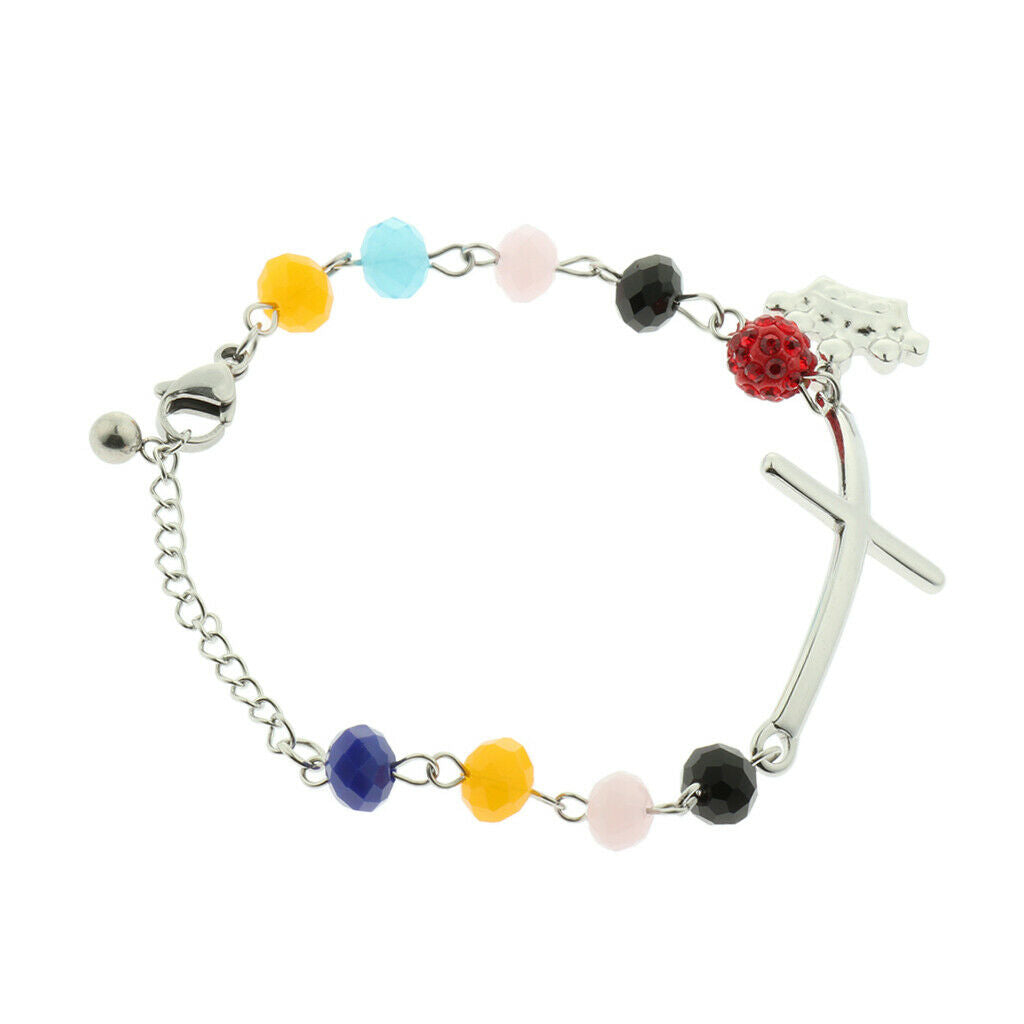 Women Cross Bracelet Crown Crux Colorful Beads Pendant Adjustable Length