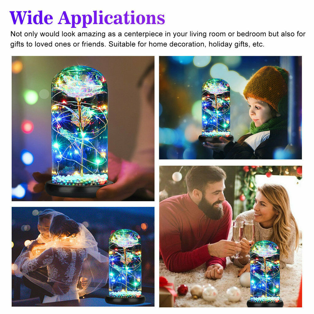 Rose Flower Home Glass LED Night Light Valentine's Day Xmas Decor Festival Gift