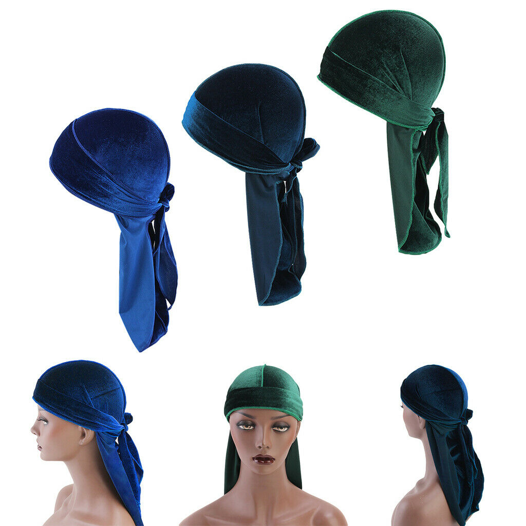3x Women Mens Elegant Velvet Bandana Hat Long Tail Headwear Chemo Hats
