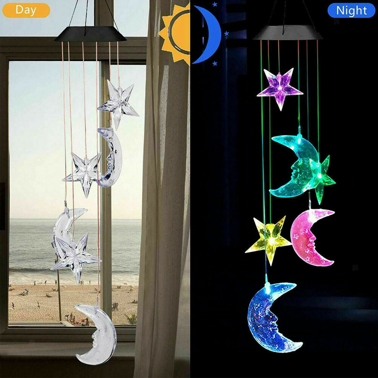 LED Moon & Star Solar Wind Chimes Light Memorial for Garden Patio Party Home