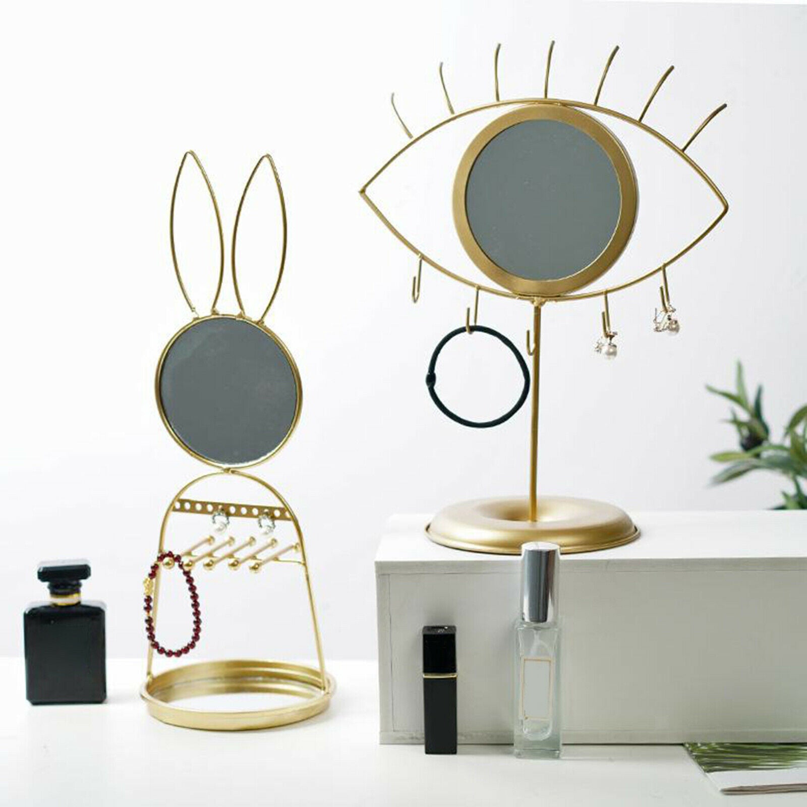 Eye Shaped Vanity Makeup Cosmetic Mirror Tabletop with Jewelry Hook for Earring