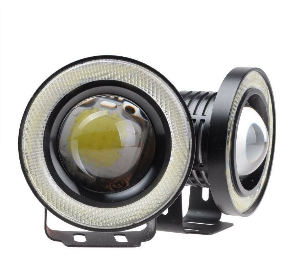 2 Pcs 3.0" High Power Car Projector LED Fog Light w/ Red COB Halo Angel Eye Ring