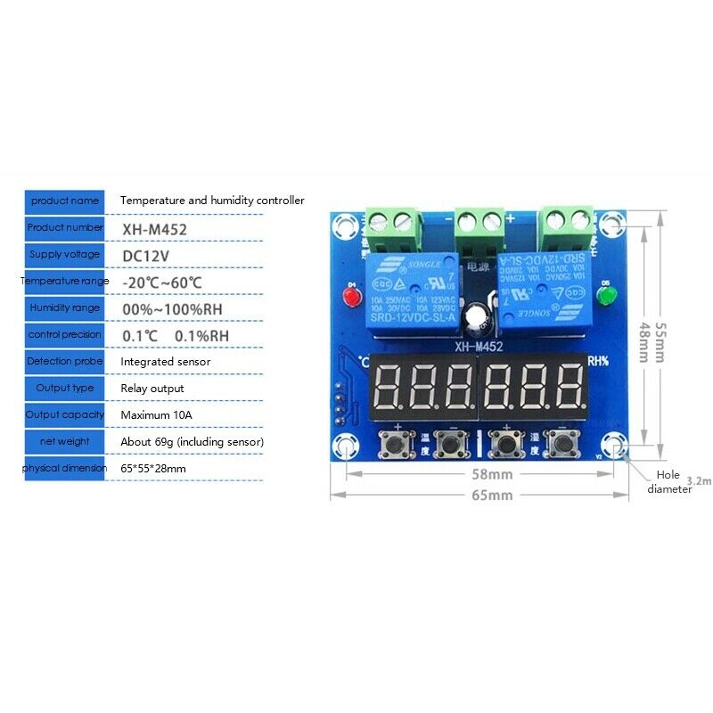 XH-M452 Temperature and Humidity Control Module Digital Display Dual Output, AT7