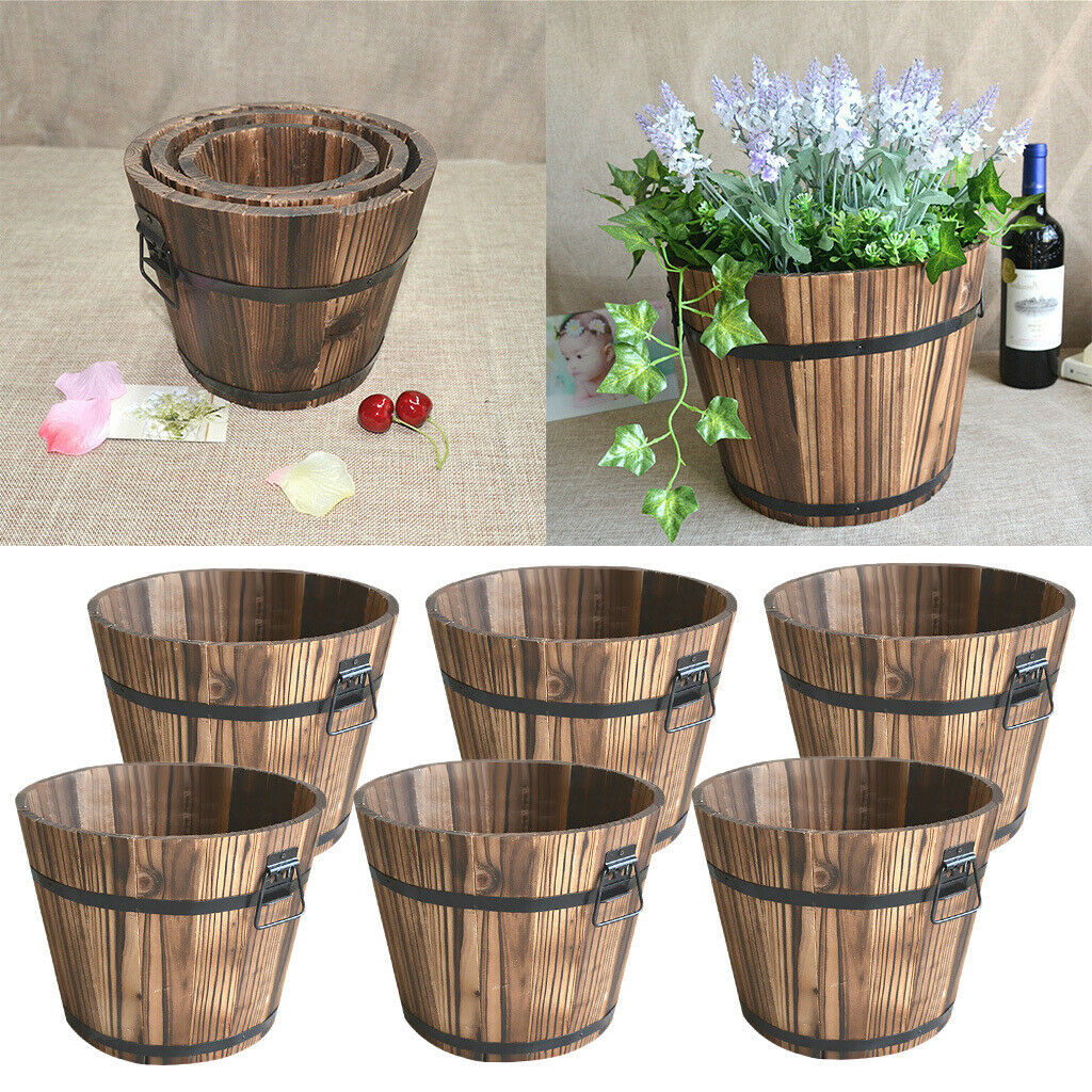 6Pcs Wood Bucket Barrel Succulent Flower Pot Planters Garden Outdoor Brown