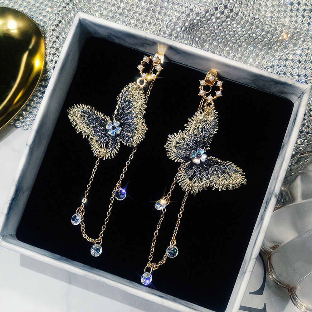 Fashion Embroidery Butterfly Long Tassel Crystal Drop Dangle Earrings Jewelry