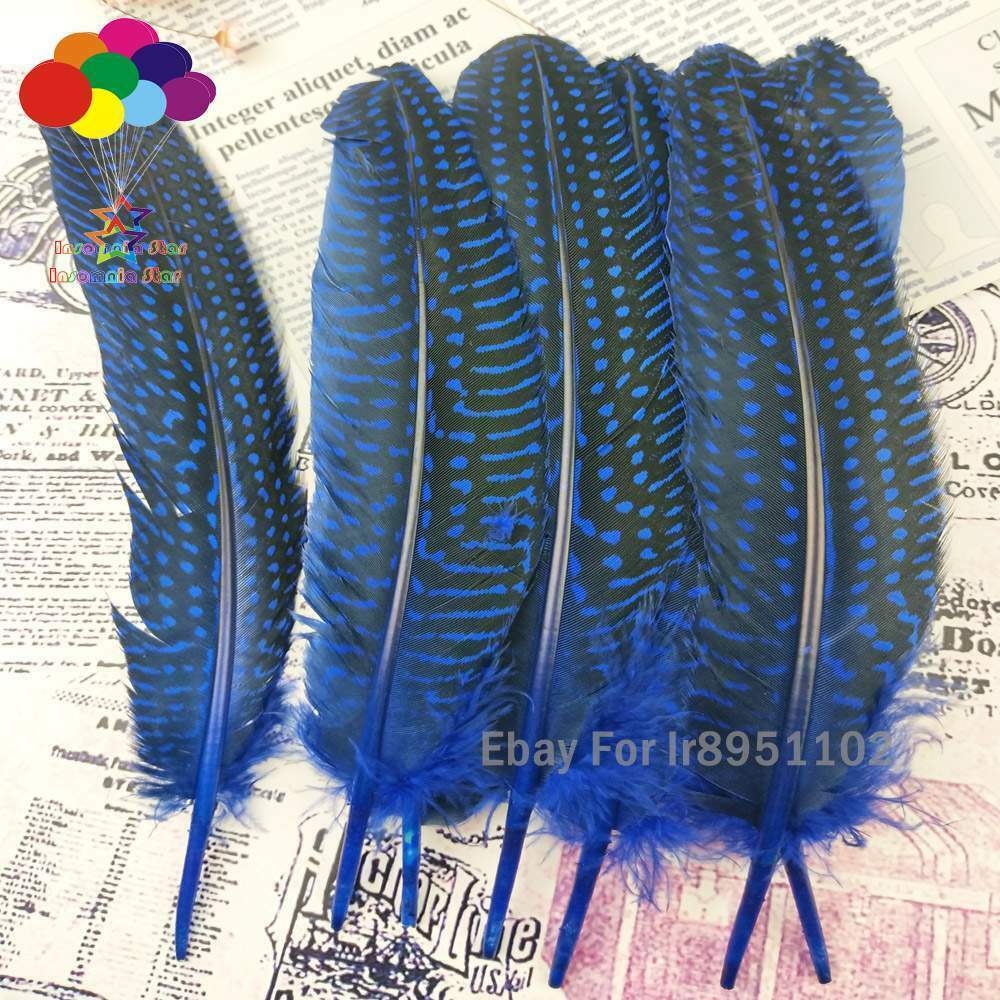 Dyed sapphire Turkey 15~20cm Length 100pcs Polka Dot Guinea Fowl Quill Feathers