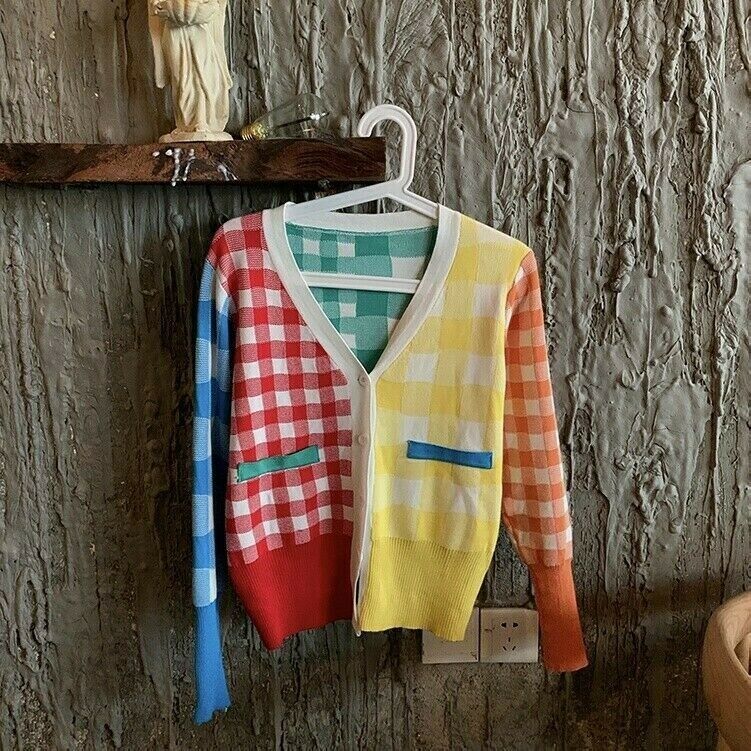 Womens Sweater Knitted Coat Jacket Cardigan Ladies Rainbow Casual Plaid Outwear