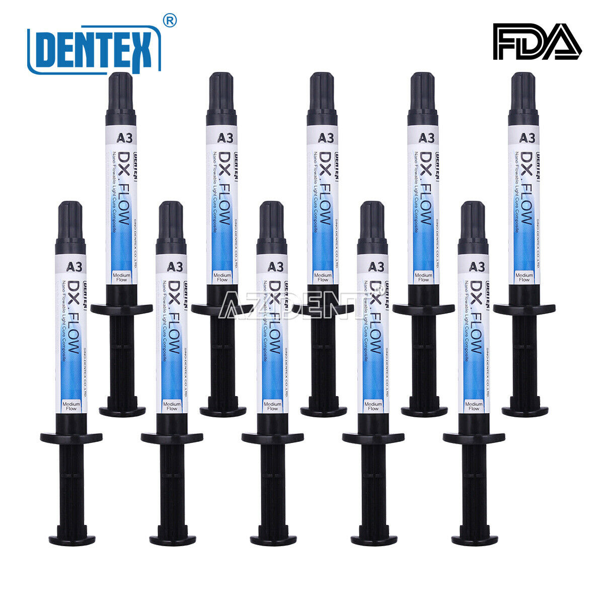 10pcs Dental Flowable Medium Flow Light Cure Composite A3 Shade DENTEX DX.FLOW