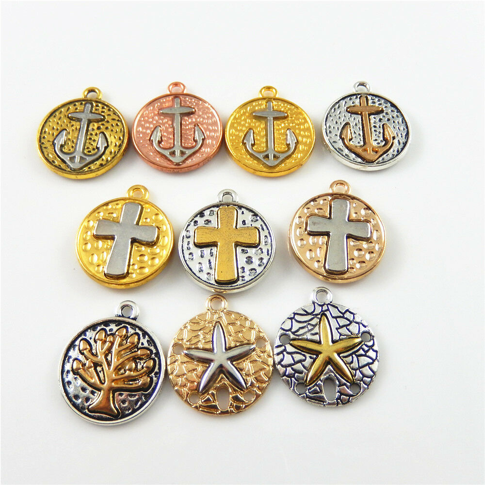 20 Assorted Cross Starfish Pendant Alloy Round Nautical Charm Jewelry Craft 19mm