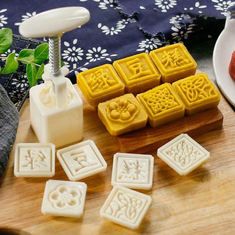 6pcs Stamp Square Barrel Hand Press Moon Cake Pastry Mould DIY 25g Mooncake Mold