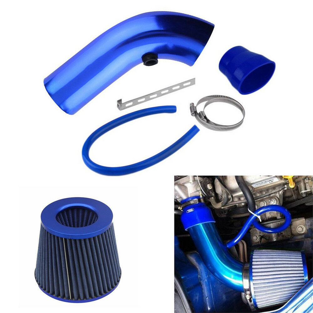 Car Aluminum Alloy Air Intake Kit Pipe 3"+Cold Air Intake Filter+Clamp Blue