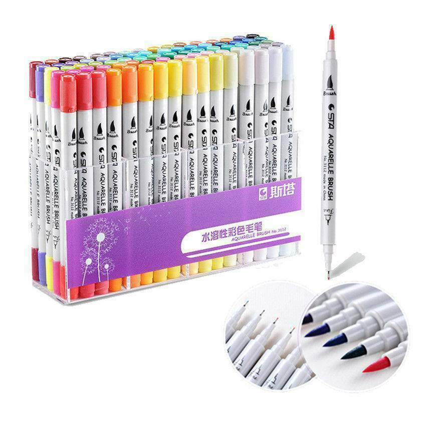 100 Colour Dual Tip Brush Pens w/ Fine liners Colouring Art Markers Drawing â¤