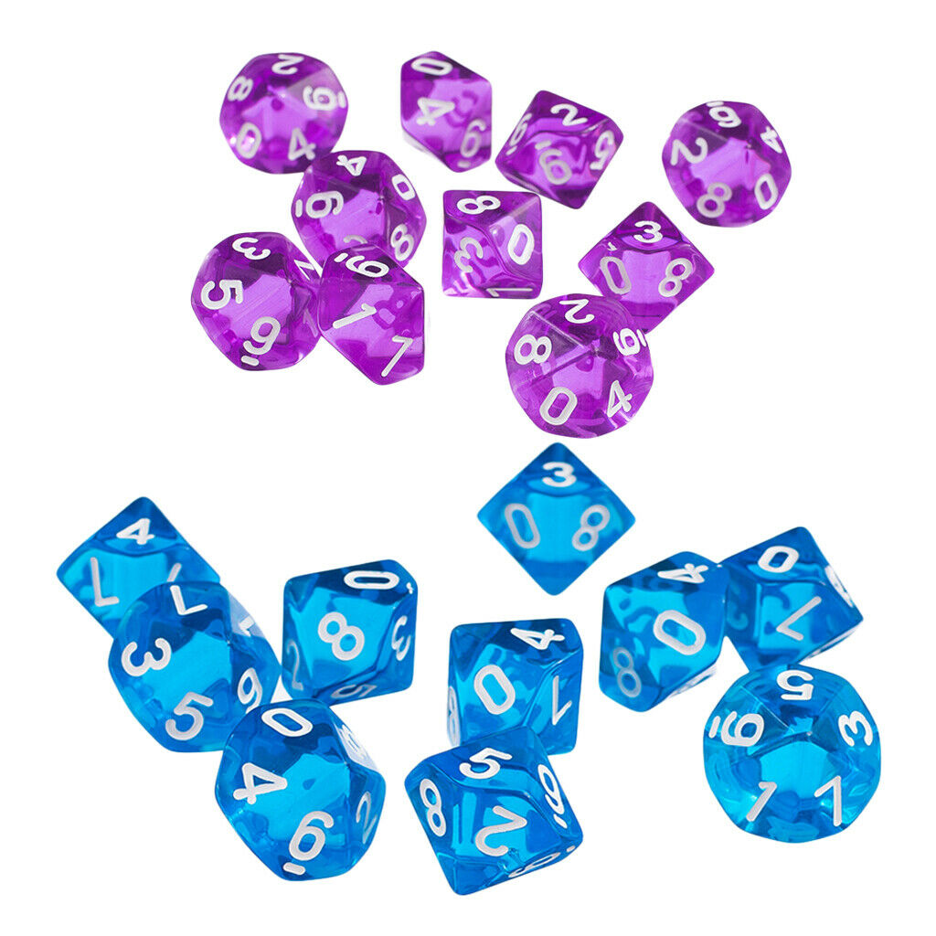 20pcs 10 Sided Dice D10 Clear Polyhedral Dice for D&D RPG MTG Blue&