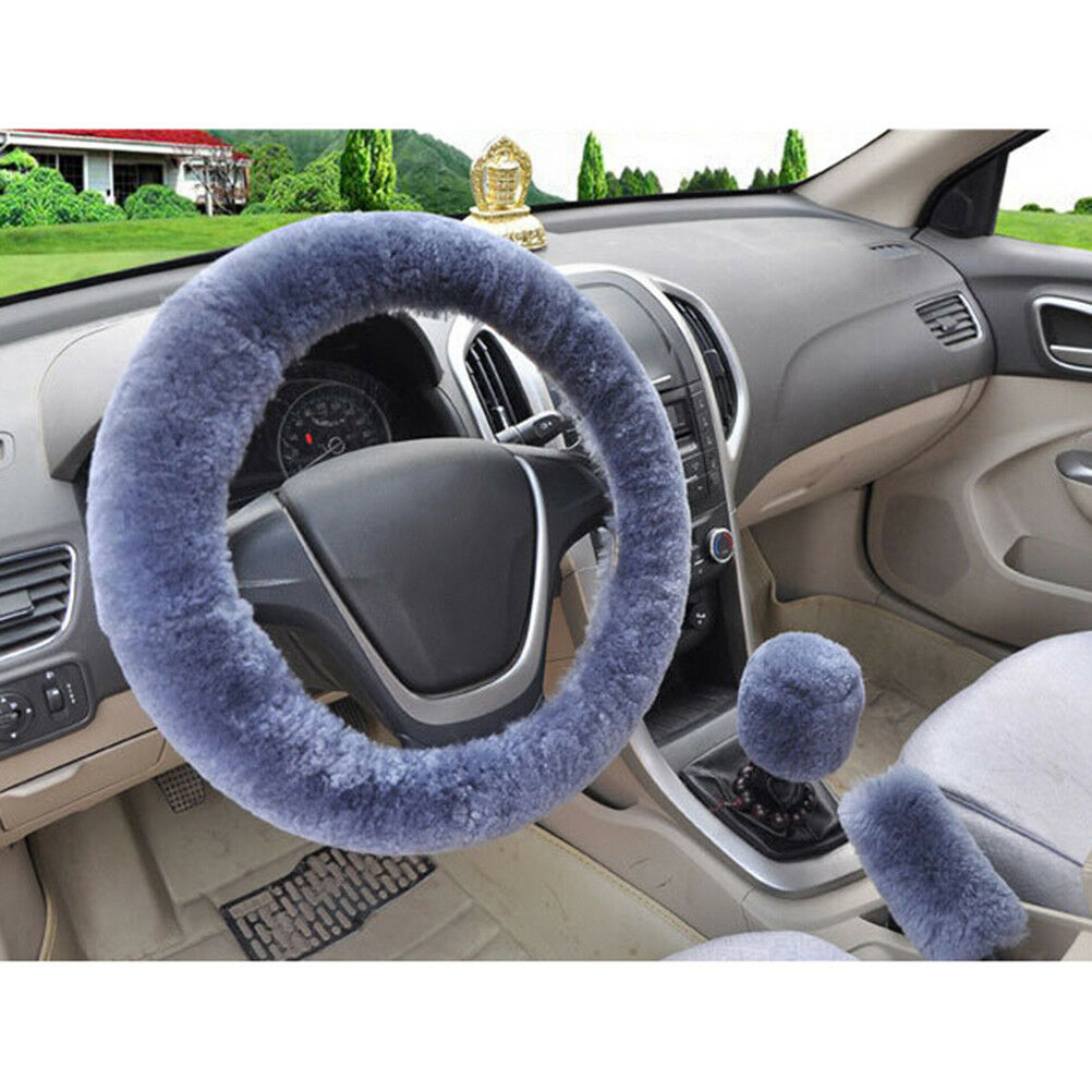 3Pcs/set Winter gray soft warm plush car steering wheel cover handbrake cover BD