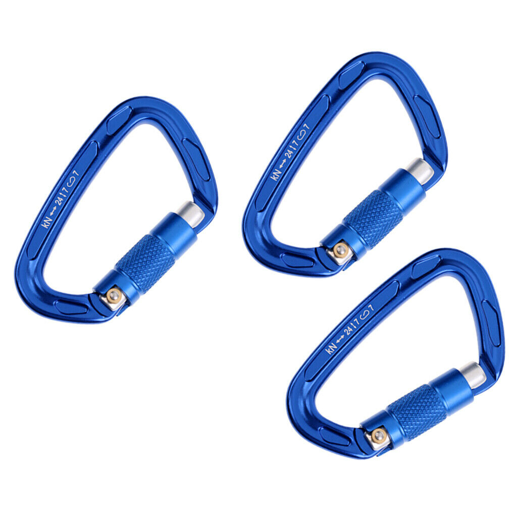 3 Pieces 24KN Aluminum Rock Climbing Auto Self Locking Carabiner blue