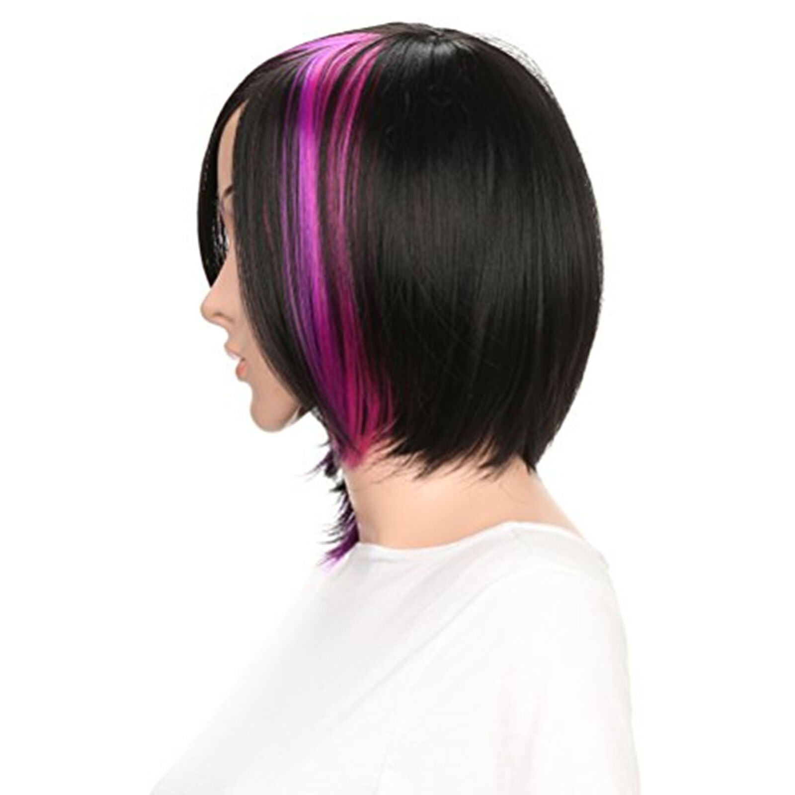 Short Straight Bob Wig Mix Color Highlight Purple Wigs with Side Bangs Wig