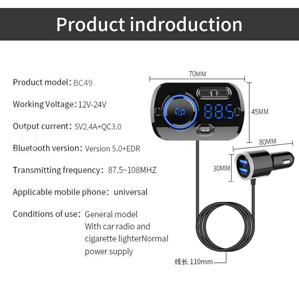 QC3.0 Bluetooth FM Transmitter Wireless Radio Adapter Car Mp3 Player CA