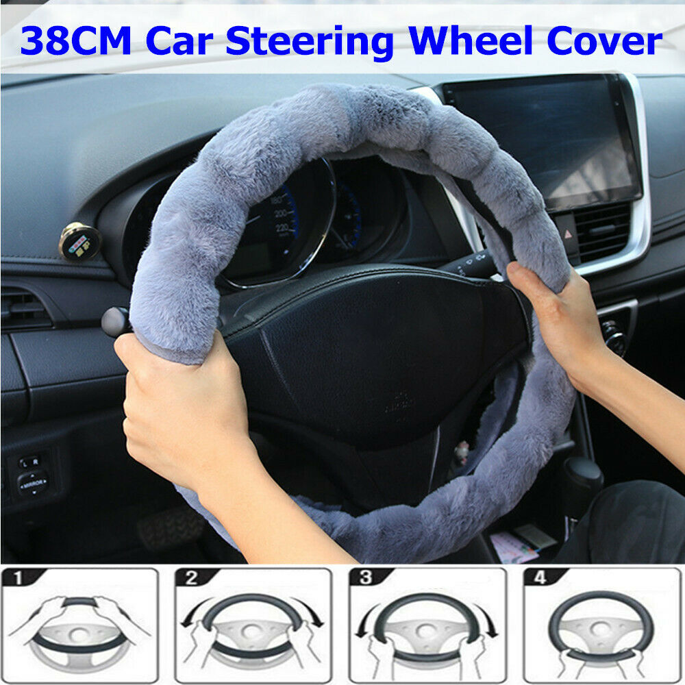 38CM Dia. Car Steering Wheel Cover Gray Winter Fur Wool Furry Fluffy Thick Warm