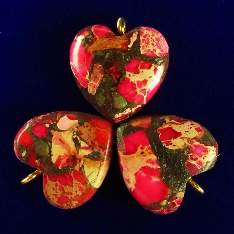 3Pcs Red Man-made Sea Sediment Jasper & Pyrite Heart Pendant 22x20x7mm DHS185