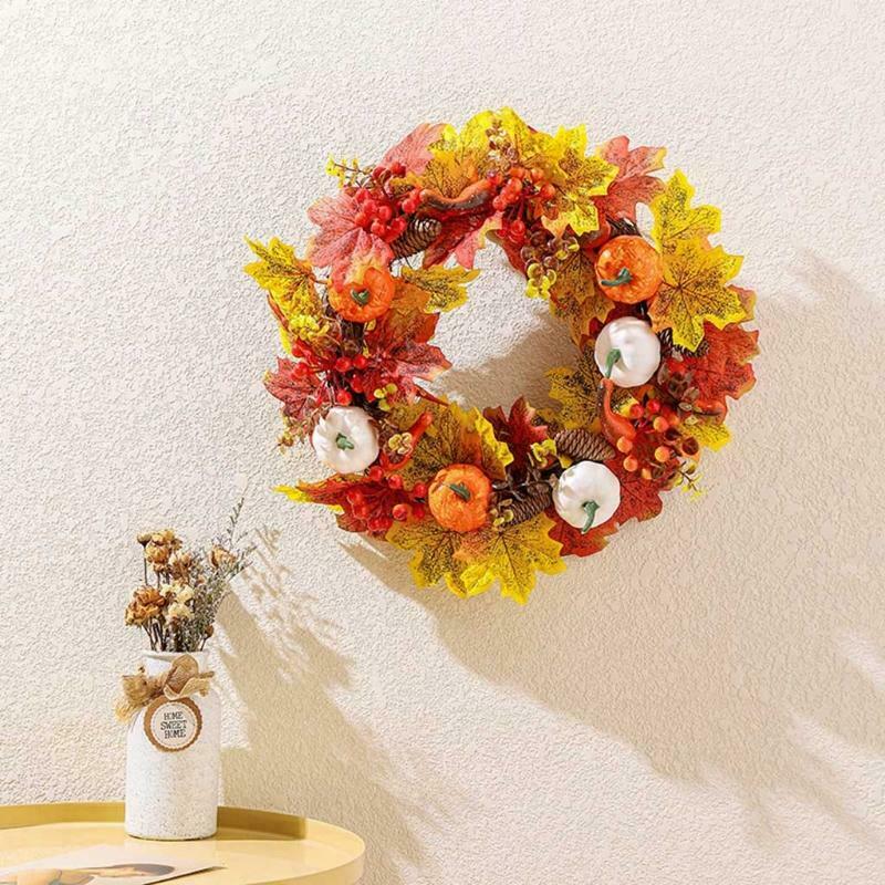 15in Autumn Wreath Fall Wreath Artificial Thanksgiving Garland with Maple Leaf