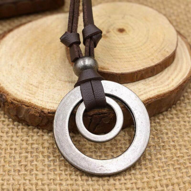 Men Women Retro Double Ring Pendant Adjustable Leather Cord Necklace Jewelry