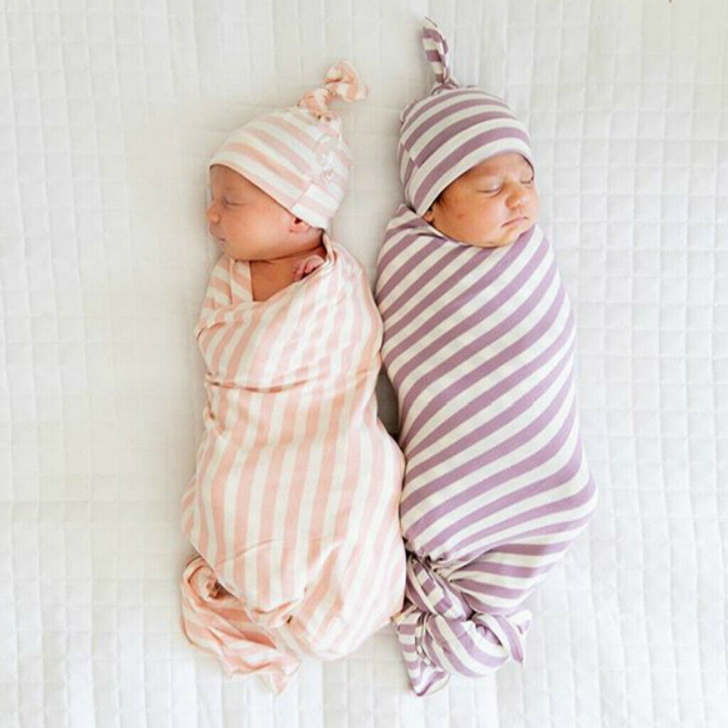 Newborn baby striped swaddle sleeping bag with hat set pink