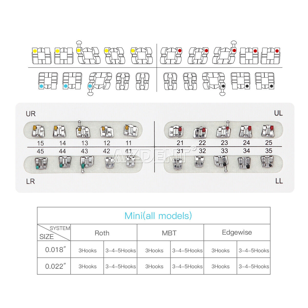 50pack Dental Orthodontic Metal Brackets Braces Mini Roth 018 3-4-5 Hooks AZDENT