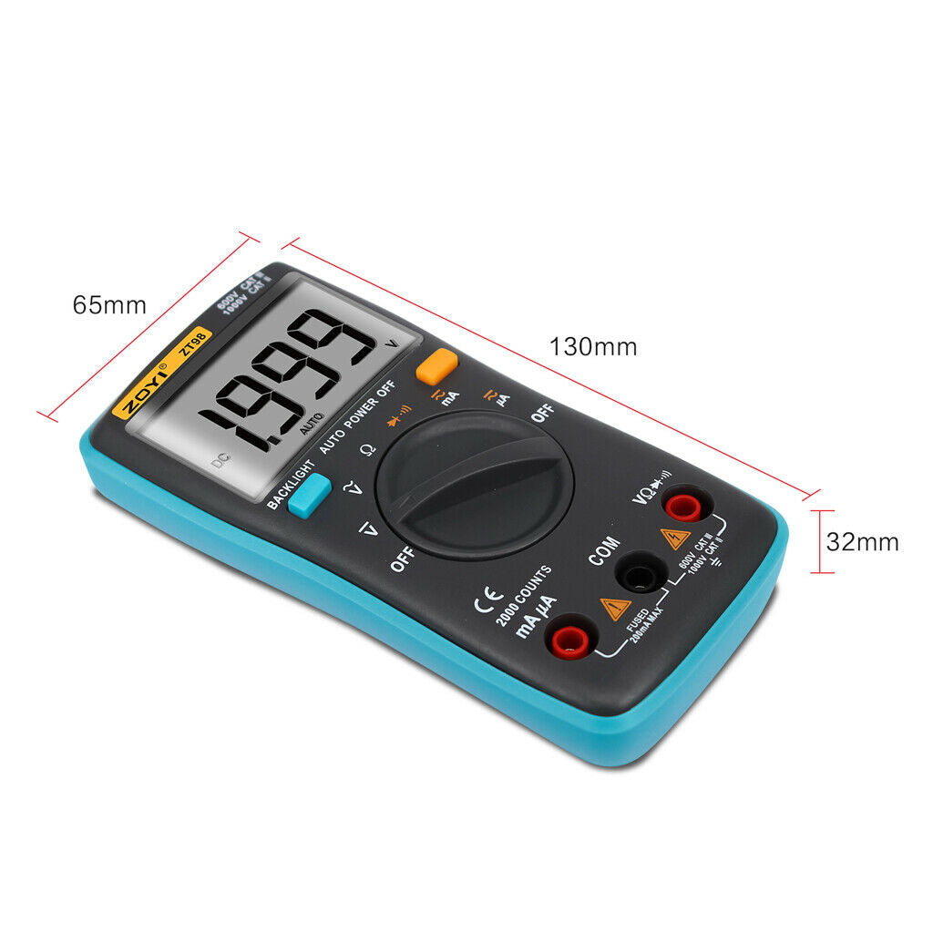 Auto-ranging Digital Multimeter 2000 Counts LCD Backlight AC/DC Ammeter Ohm