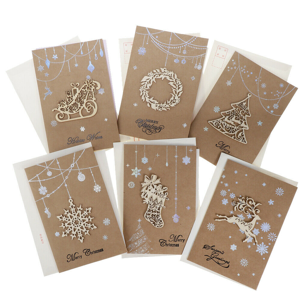 6 Pieces Brown Xmas Tree Wreath Craft Merry Christmas Greeting Cards with