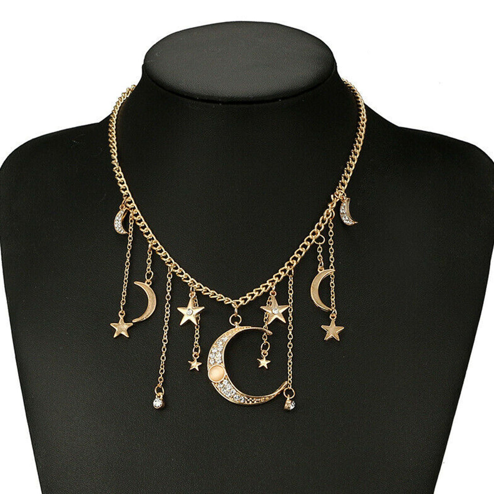Chic Moon Pendant Crystal Women's Star Multilayer Choker Jewelry Necklace Chain