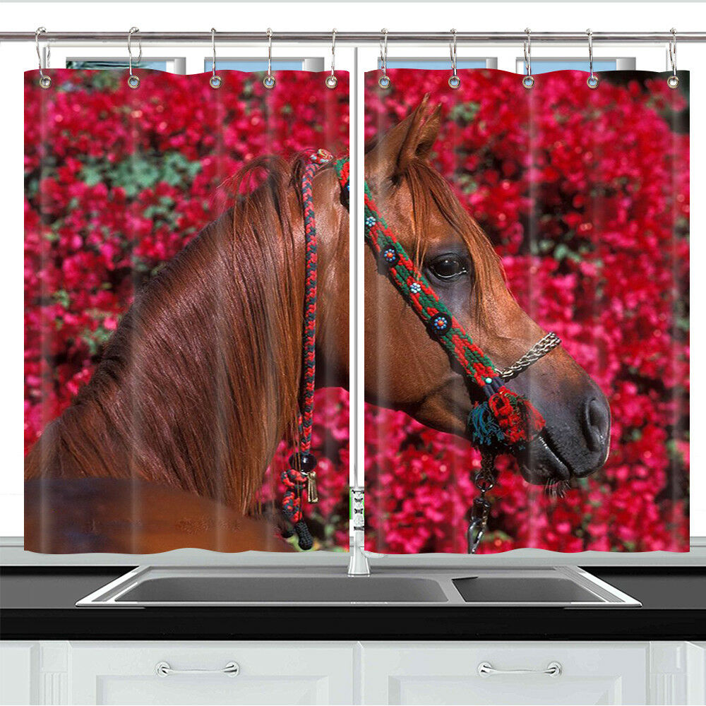 Horse and Safflower Window Treatments for Kitchen Curtains 2 Panels,55X39 Inches