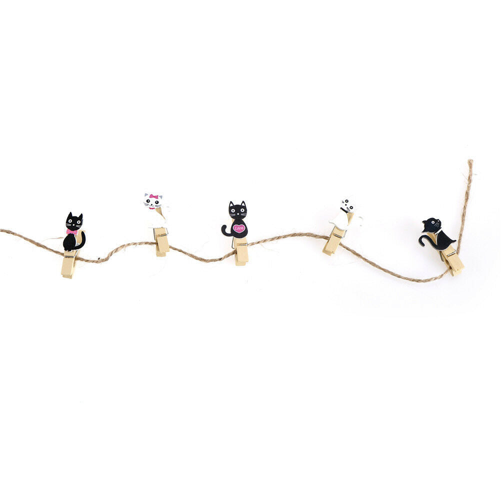 Cat wooden clips with hemp rope photo clip wood paper clip for bag DIY toolsBDAU