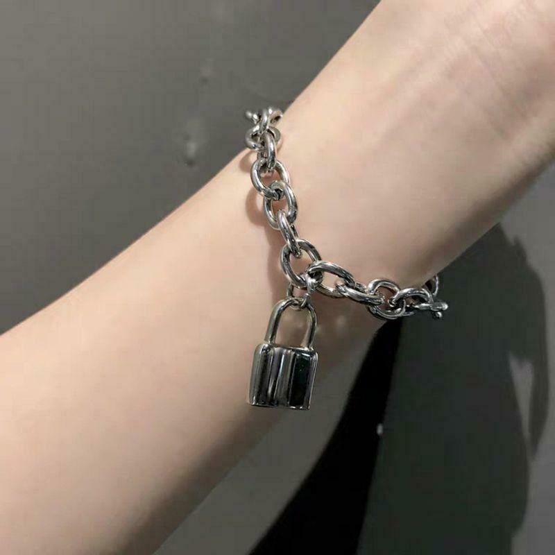 Punk Stainelss Steel Lock Pendant Bracelet Wristband Chunky Link Chain Bangles