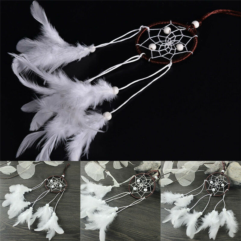 Dream Catcher With White Feather Beads Wall Hanging Decor Craft Car Ornam.l8