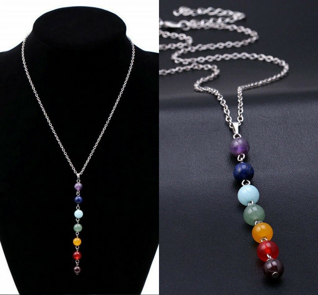 7 Chakra Crystal Quartz Stone Beads Pendant Yoga Reiki Healing Necklace