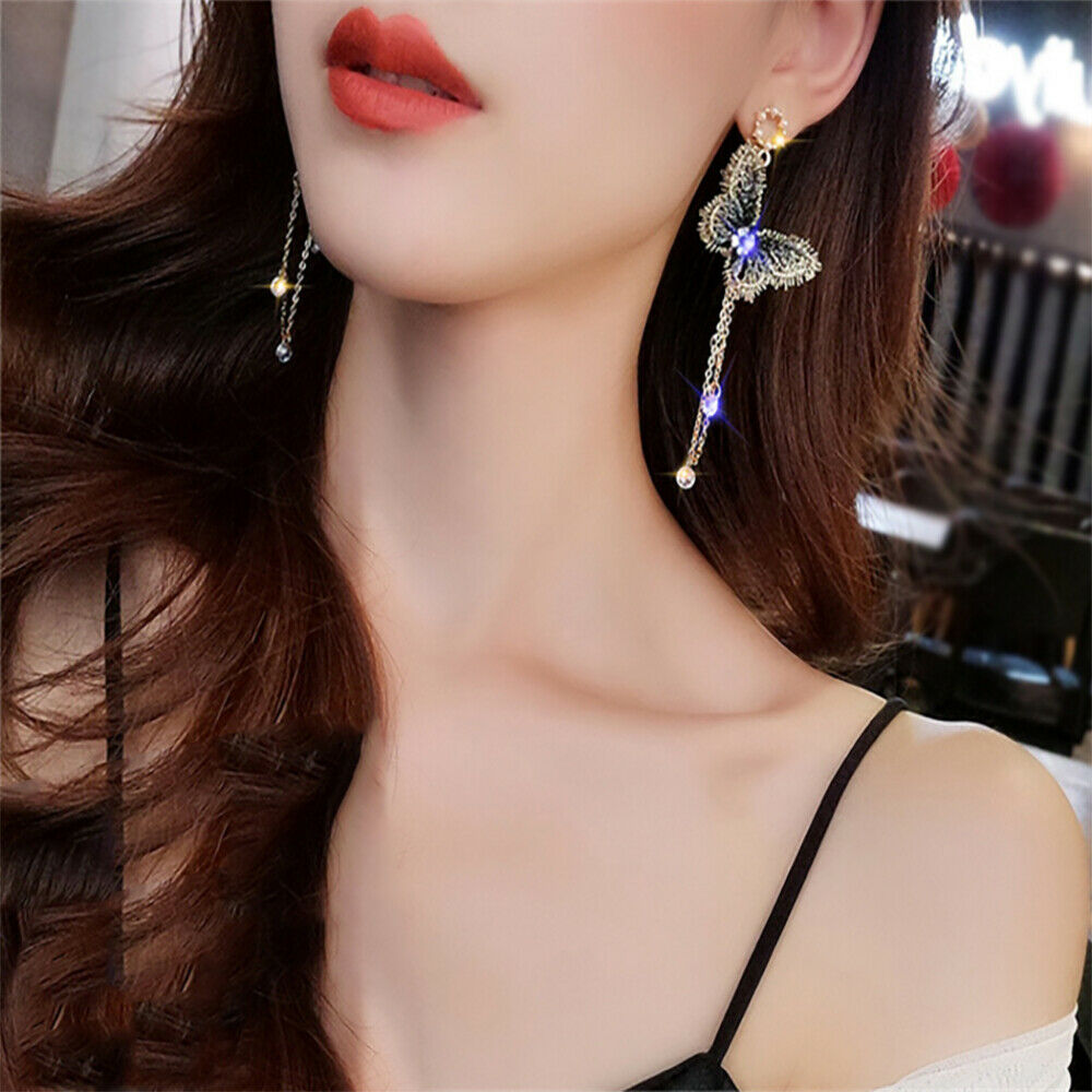 Fashion Embroidery Butterfly Long Tassel Crystal Drop Dangle Earrings Jewelry