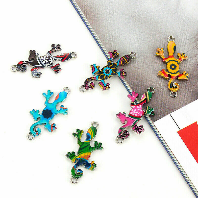 10pcs Mixed Color Enamel Gecko Connectors Charm Pendant Fit DIY Bracelet Making